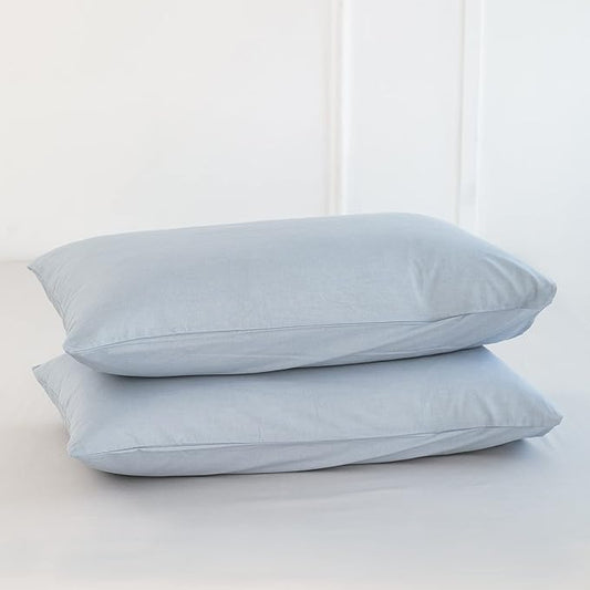 MooMee Bedding Pillowcases Pack of 2 100% Washed Cotton Linen Like Textured Breathable Durable Soft Comfy (Heathered Cornflower Blue, Standard)