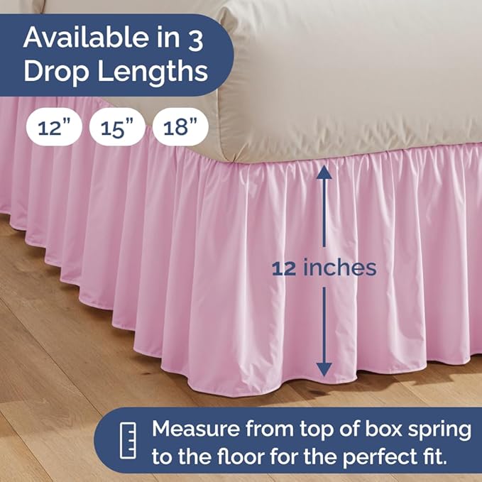 Bedskirt King Size Ruffle - 12 inch Drop Dust Ruffle Bed Skirt with Platform - Soft, Easy Fit, Premium Hotel Quality - Wrinkle, Fade & Shrink Resistant - for Women, Men, Kids and Teens - Light Pink