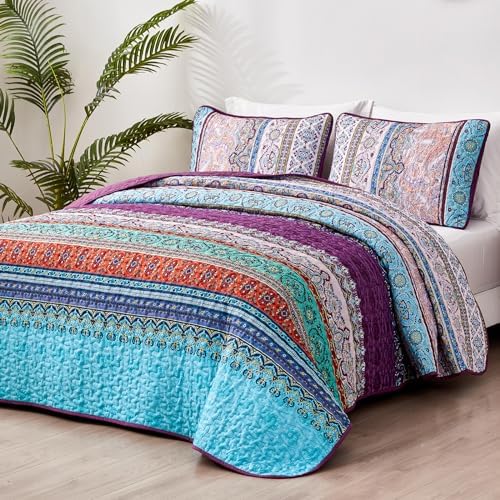 WONGS BEDDING Purple Quilt King Size, Boho Stripe Bedding Set, 110"x90"