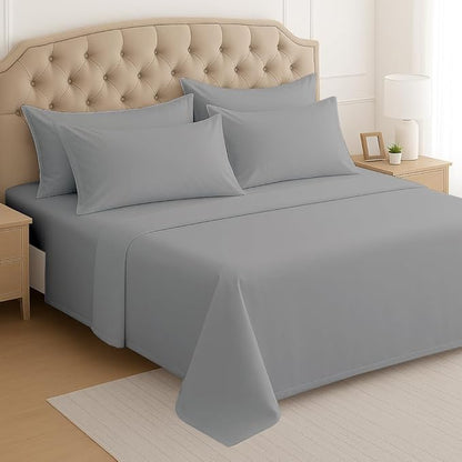 Mattress-Homes Premium Collection, 7 PC Split Sheet Set, 100% Egyptian Cotton Crisp Fits Mattress Up to 18" DEEP Pocket, King Size, Machine Wash, Extra-Soft Breathable Sheets in Light Grey Solid