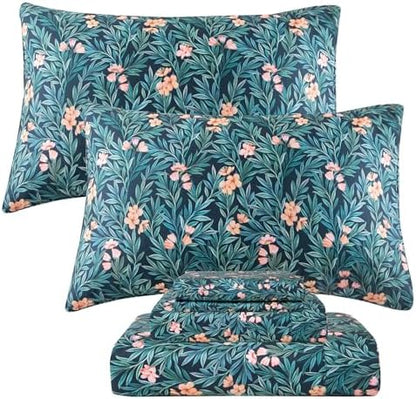 QSH Floral Egyptian Cotton Sheets King Size - Floral Bedding Sheets Botanical Pattern Printed Bedding King Size Bed Sheets 17.5" Extra Deep Pocket 4pcs