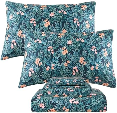 QSH Floral Egyptian Cotton Sheets Queen Size - Elegant Botanical Pattern Printed Bedding Sheets Queen Size Bed Extra Soft and Breathable 4pcs Deep Pockets Bed Sheets