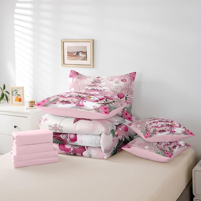 Pink Christmas Tree Comforter Set 7 Pieces,Cute Snowman Winter Bed Set,Xmas Theme Flowers Leaves Bedding King with 1 Comforter,1 Fitted Sheet,1 Flat Sheet,2 Pillowcases,2 Throw Pillow Cover