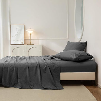 JIYUAN Twin Size Sheet Set, 3-Piece - 100% Washed Cotton, Linen-Like Soft & Breathable, Includes Deep Pocket Fitted & Flat Sheet with 1 Pillowcases, Hotel Quality, Heathered Dark Grey