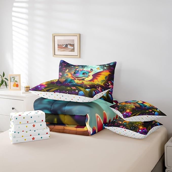 Cartoon Dragon Bed in a Bag Comforter Set,Western Magical Animal King Size 7 Pieces for Kids,Cute Jungle Mushroom Botanical Bedding Set with Comforter, Sheet Set, Pillowcases, Pillow Covers