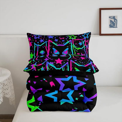 Erosebridal Cartoon Cat Bedding, Black Cat Comforter Set for Kids Girls Boys Teens, Ombre Glowing Neon Stars Down Comforter, Kawaii Kitten Duvet Insert, Gradient Galaxy Quilt, King