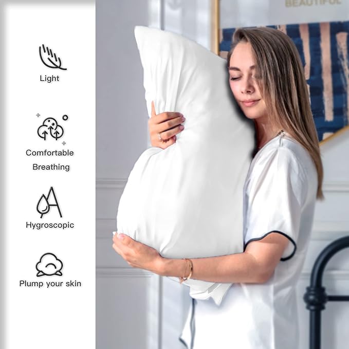 Mulberry Silk Pillowcase for Hair and Skin Pillow Case with Hidden Zipper Soft Breathable Smooth Cooling Silk Pillow Covers for Sleeping (White, King,1Pcs)