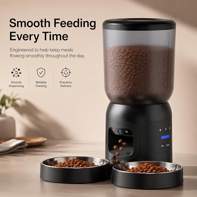 Automatic Cat Feeder with Camera, Dual Bowl 6L WiFi Pet Feeder | Dual 2K Cameras, Two Stainless Steel Bowls, AI Motion Tracking, App Control, 2-Way Audio, Dual-Band WiFi, 6L Capacity
