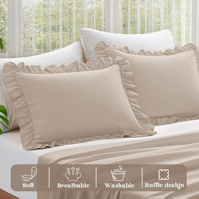 KKJIAF Ruffle Pillow Cases King Size Set of 2, Ruffled Pillow Covers with Envelope Closure, Wrinkle Resistant Pillowcases 20" x 36", Ruffled Pillow Shams, Khaki