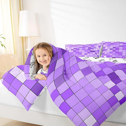 Pixelated Blocks Miners Kids Bedding Set King Size,Video Games Game Gamepad Comforter Set,Geometric Grid Patchwork Quilt Comforter,Purple Bedroom Duvet Insert,2 Pillowcases