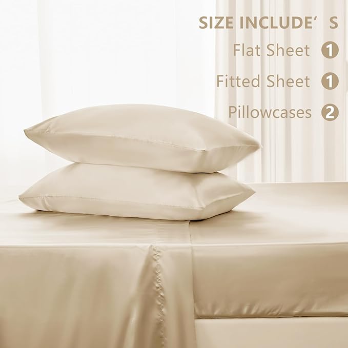 CozyLux Satin Sheets Queen Size Bed Set - 4 Piece Silky Queen Sheet Set, Luxury Champagne Queen Sheets with Smooth and Soft Microfiber, Includes 1 Fitted Sheet, 1 Flat Sheet and 2 Pillowcases