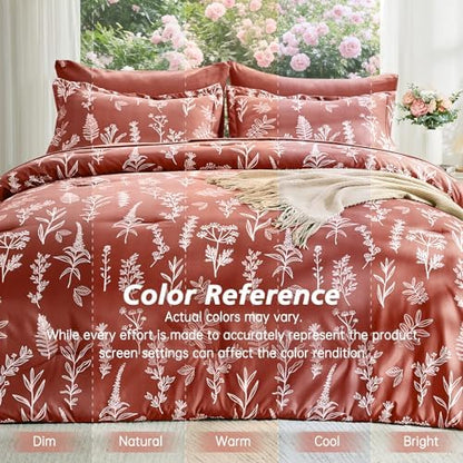 MUXHOMO Brown King Comforter Set, Elegant Floral Print Bed in a Bag 7 Pieces, Ultra Soft & Breathable Reversible Botanical Pattern Bedding Set with Comforter, Sheets, Pillowcases, and Shams