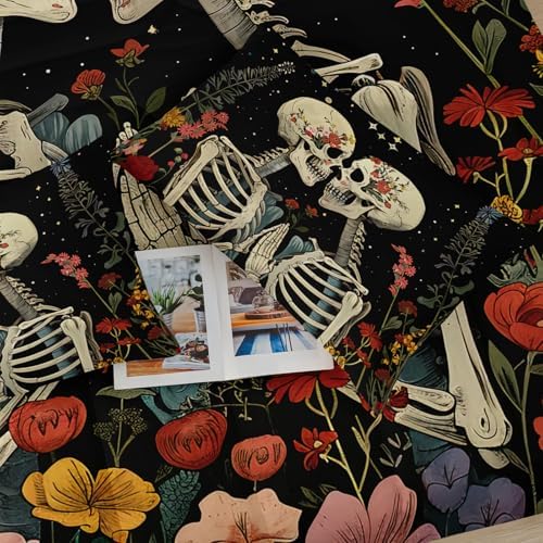 Black Gothic Skull Flower Queen Comforter Set，Quilt Queen Size Bedding Set Gothic，with 1 Comforter with 2 Pillow Case，Skull Room Decor for Bedroom