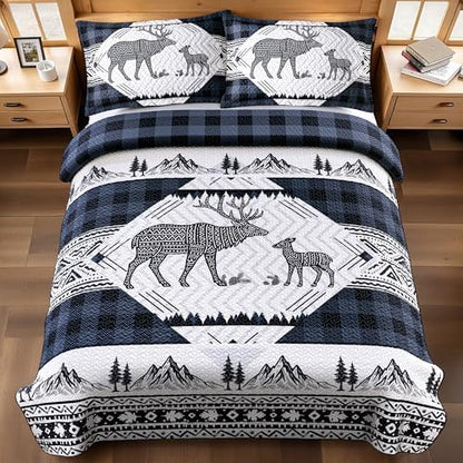 3 Piece Cabin King Size Quilt Sets Farmhouse Rustic Reversible Microfiber Soft Lightweight Bedspread Comforter with 2 Shams Patchwork Country Lodge Bedding Quilts Set for All Season, 106''x96'', Blue
