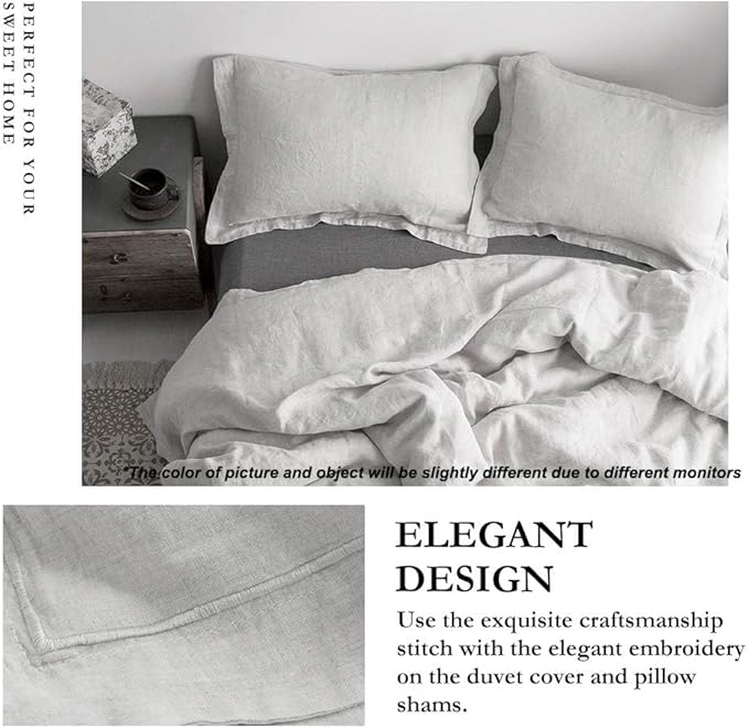 Simple&Opulence 100% Linen Duvet Cover Set with Embroidery Border Washed - 3 Pieces (1 Duvet Cover with 2 Pillow Shams) with Button Closure Soft Breathable Farmhouse - Light Grey, Full Size