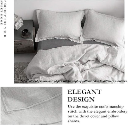 Simple&Opulence 100% Linen Duvet Cover Set with Embroidery Border Washed - 3 Pieces (1 Duvet Cover with 2 Pillow Shams) with Button Closure Soft Breathable Farmhouse - Light Grey, Full Size