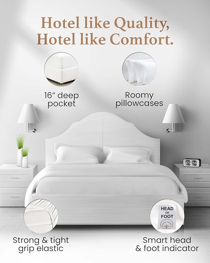 Good Sleep Bedding Split King Sheets Sets for Adjustable Bed Cotton, Luxury Sheets, Egyptian Cotton, 5 Piece 100% Cotton Split King Sheet Set, Sateen Sheets, 2 Fitted - 16" Deep Pocket, White