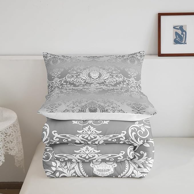 Feelyou Adults Silver Vintage Damask Floral Comforter Set Oriental Antique Comforter Twin Size Gothic Bohemia Boho Bedding Set Exotic Sugar Skull Duvet Set Quilt Set 2Pcs