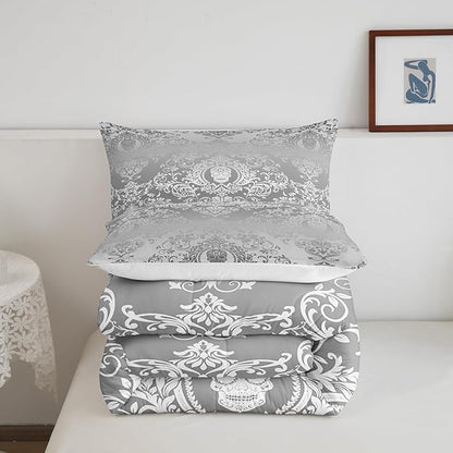 Feelyou Adults Silver Vintage Damask Floral Comforter Set Oriental Antique Comforter Queen Size Gothic Bohemia Boho Bedding Set Exotic Sugar Skull Duvet Set Quilt Set 3Pcs