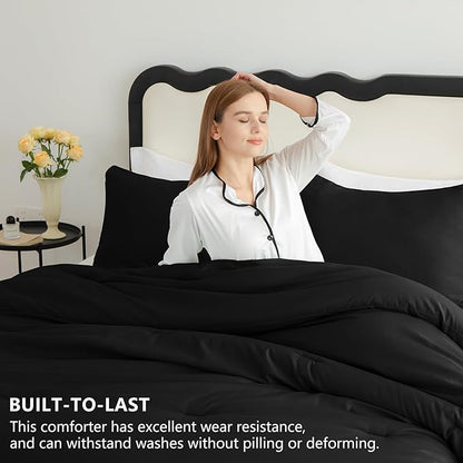 CozyLux Oversized Queen Comforter Set Black, 3 Pieces 98x98 Solid Breathable Quilted Bedding Sets for All Season, Luxury Soft Lightweight Bed Set with Down Alternative Comforter and 2 Pillowcases
