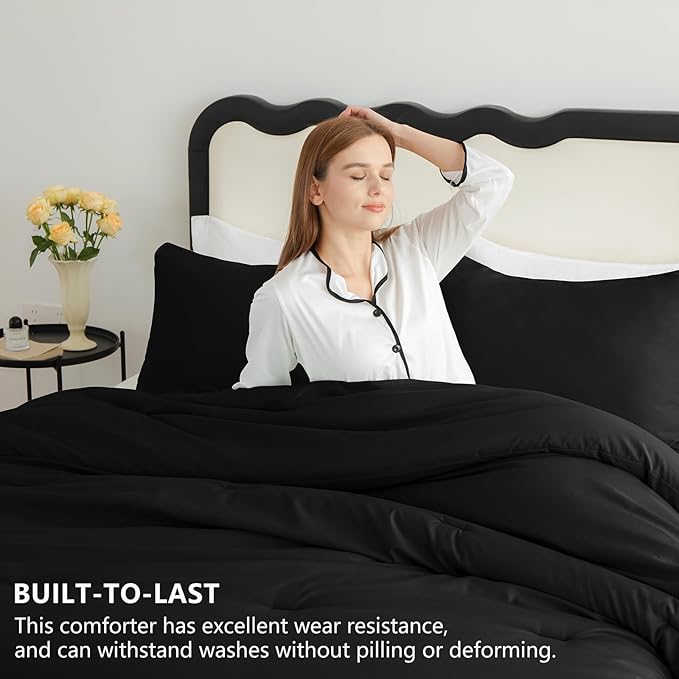 CozyLux Twin/Twin XL Comforter Set Black, 2 Pieces Twin Extra Long Solid Breathable Bedding Sets for College Dorm, Luxury Soft Bed Set with Down Alternative Comforter and 1 Pillowcase All Seasons