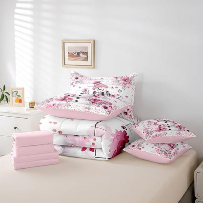 Castle Fairy Watercolor Flowers Comforter Set Bed in a Bag 7 Pieces Full,Merry Christmas Cherry Blossom Bedding Set,Fashion Diamond (Comforter+Fitted+Flat Sheet+2 Pillowcases+2 Throw Pillow Covers)