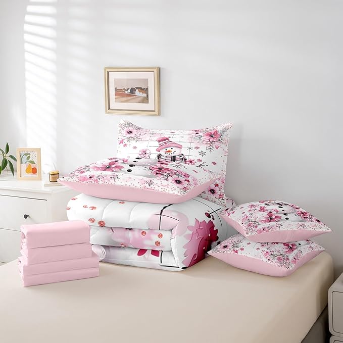 Castle Fairy Watercolor Flowers Comforter Set Bed in a Bag 7 Pieces King,Merry Christmas Cherry Blossom Bedding Set,Fashion Diamond (Comforter+Fitted+Flat Sheet+2 Pillowcases+2 Throw Pillow Covers)