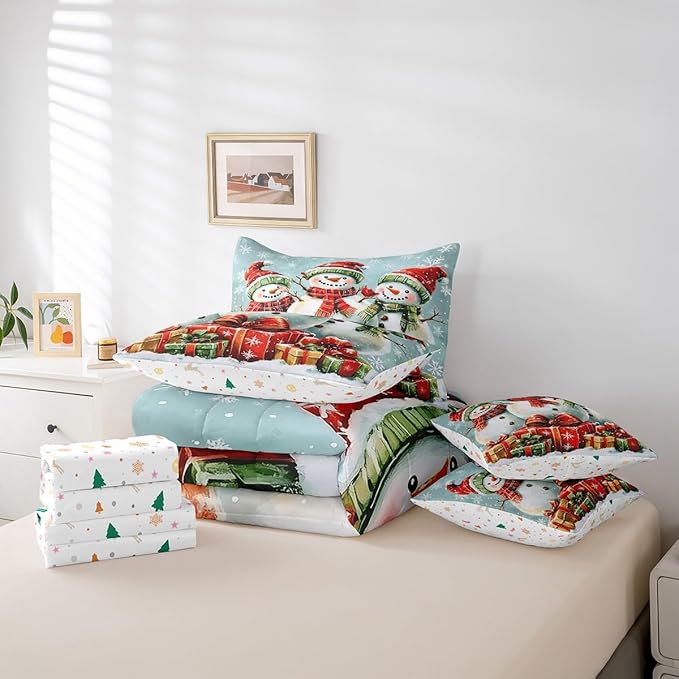 Happy New Year Comforter Set Bed in a Bag 7 Pieces King,3D Snowman Gifts Watercolor Bowknot Bedding Set,Winter Geometric Snowflakes (Comforter+Fitted+Flat Sheet+2 Pillowcases+2 Throw Pillow Covers)