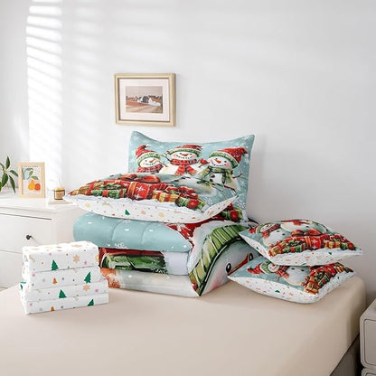 Happy New Year Comforter Set Bed in a Bag 7 Pieces King,3D Snowman Gifts Watercolor Bowknot Bedding Set,Winter Geometric Snowflakes (Comforter+Fitted+Flat Sheet+2 Pillowcases+2 Throw Pillow Covers)