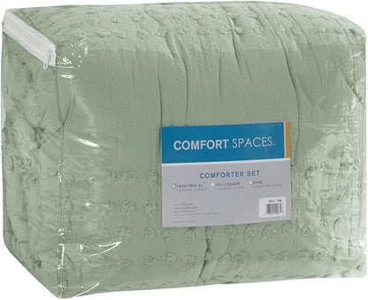 Comfort Spaces Twin Comforter Set Jacquard Pom-Pom Tufts Boho Comforter for Twin Size Bed, MIcrofiber Reverse, All Season & Lofty Twin Bedding Set & Sham, Phillips, Twin/Twin XL, Sage Green 2 Piece