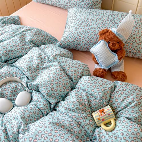 VM VOUGEMARKET Leopard Duvet Cover Set Queen,Light Blue Pink,Muslin Cotton