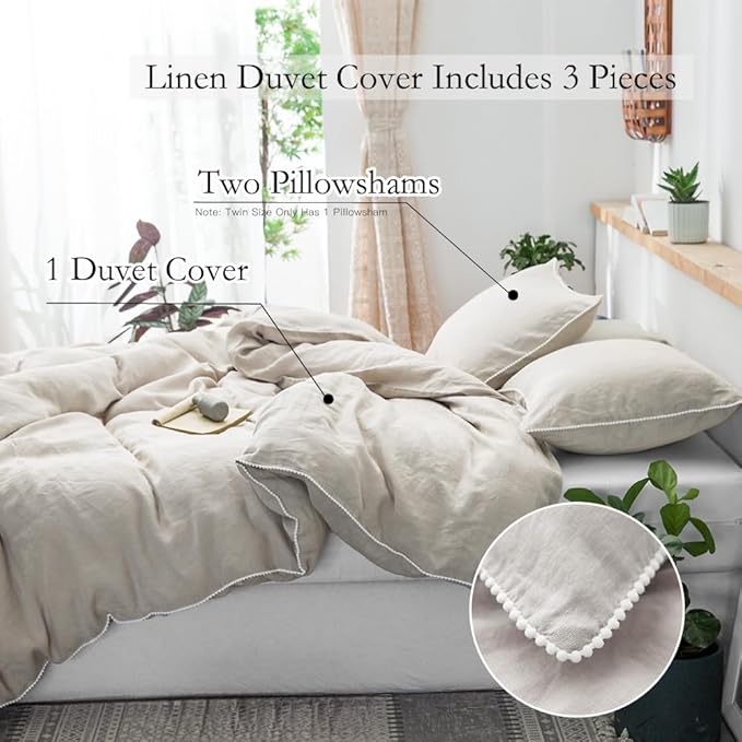Simple&Opulence 100% Washed Linen Duvet Cover with Pom Pom Trim, Natural French Flax Bedding Set Soft Breathable,1 Farmhouse Boho Comforter Cover and 2 Pillow Shams(King,Natural Linen)
