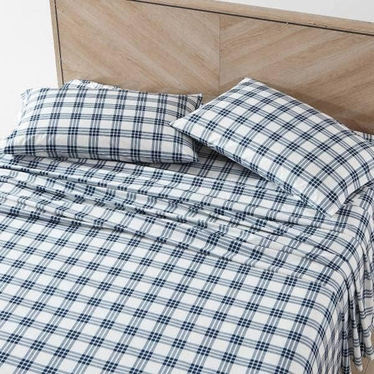 Eddie Bauer - Full Sheets, Cotton Percale Bedding Set, Crisp & Cool Home Decor, Dorm Room Essentials (Navy Plaid, Full)