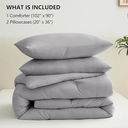 CozyLux King Size Comforter Set Grey, 3 Pieces Solid Comforters King Size Breathable Quilted Bedding Sets, Gray Luxury Soft Lightweight Bed Set with Down Alternative Comforter and 2 Pillowcases