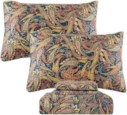 QSH Boho Bed Sheets Queen Size - 100% Egyptian Cotton Sheets Elegant Paisley Flower Pattern Printed Bedding Sheets Queen Size Bohemian Bedding 4pcs Deep Pockets Bed Sheets