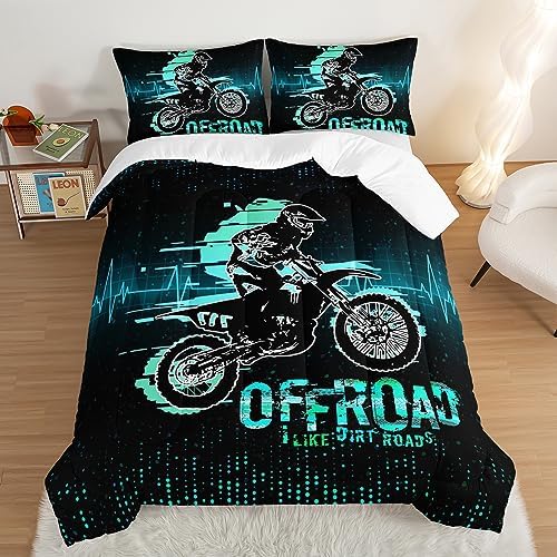 HOSIMA Extreme Sport Theme Comforter Motorcycle Twin Bed in a Bag for Boys Kids Teens,Dirt Bike Tournament Kids Game Room Decor,Motocross Rider Black Comforter with 2 Pillowcases.