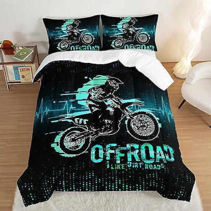 HOSIMA Extreme Sport Theme Comforter Motorcycle Queen Size Bed in a Bag for Boys Kids Teens,Dirt Bike Tournment Kids Game Room Decor,Motocross Rider Black Comforter with 2 Pillowcases.