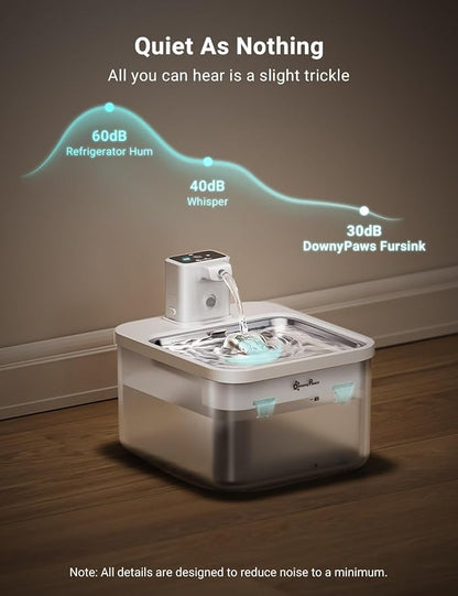 DownyPaws Cat Water Fountain Cordless, Pet Fountain, 84oz/2.5L, White Pro | Wireless Cat Drinking Water Fountains for Cats Indoor, Fursink , Battery Operated, Motion Sensor, Ultra Quiet Pump, BPA-Free