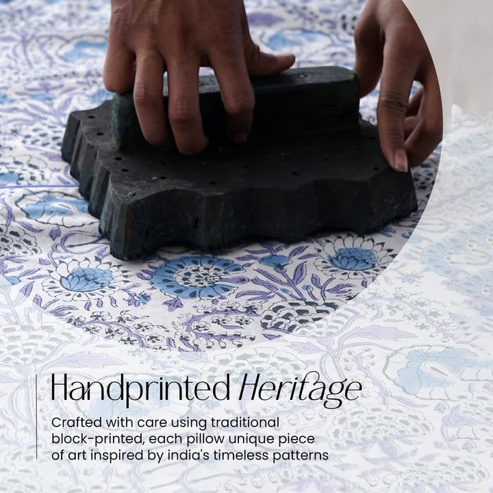 CPC Block Print Indigo Blue Ruffle Cotton Lumbar Pillow Cover 12x20 inch