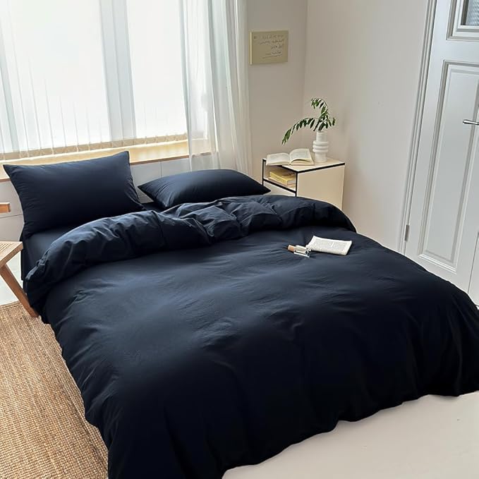 FACE TWO FACE Bedding Duvet Cover Set100% Washed Cotton Duvet Cover Linen Like Textured Breathable Durable Soft Comfy (King, Tibetan Blue)