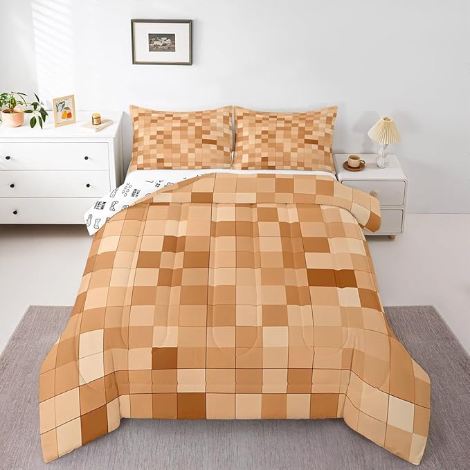 Pixelated Miners Blocks Kids Bedding Set King Size,Patchwork Square Video Games Comforter Set,Geometric Patchwork Grid Quilt Comforter,Light Brown Bedroom Duvet Insert,2 Pillowcases