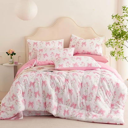 Pink Bow Comforter Set Twin Size Pink Floral Comforter for Girls Kids Romantic Princess Style Bowknot Bedding Set Ultra Soft Reversible Garden Flower Comforter Sets with 1 Pillowcase 2Pcs
