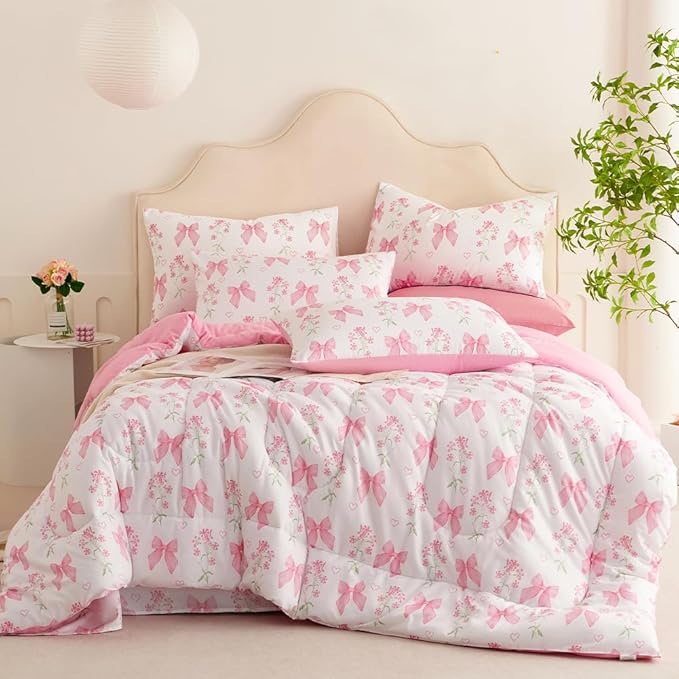 Pink Bow Comforter Set Full Size Pink Floral Comforter for Girls Kids Romantic Princess Style Bowknot Bedding Set Ultra Soft Reversible Garden Flower Comforter Sets with 2 Pillowcases 3Pcs