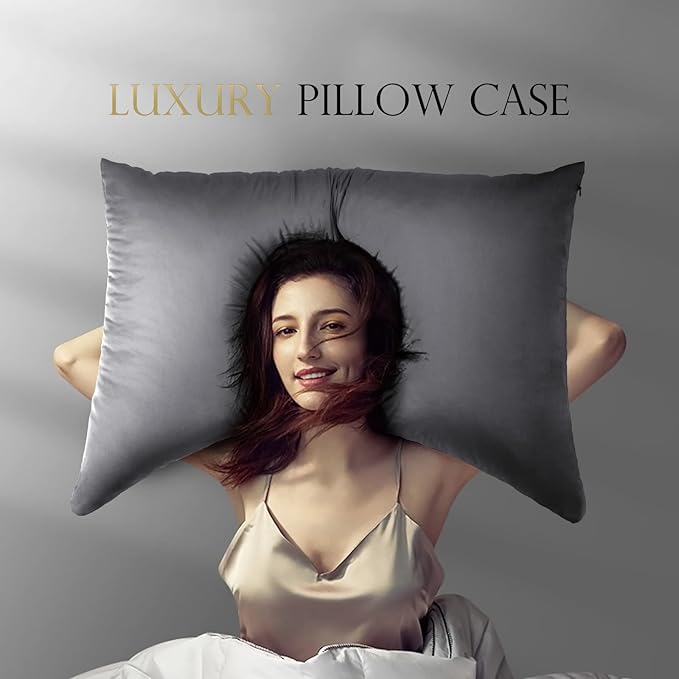 Cooling Side Sleeper Pillow Cases Queen Size Set of 2 - Curved Rayon Derived from Bamboo Pillowcase Cover- Breathable Silky Soft Pillowcase for Hot Sleepers Hair and Skin 20 * 30 Inches Dark Grey