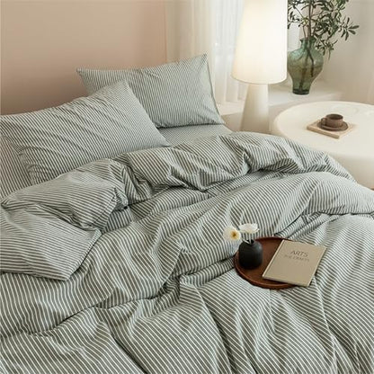 JIYUAN Queen Washed Cotton Duvet Cover Set, 3-Piece, Linen-Like Pinstripe