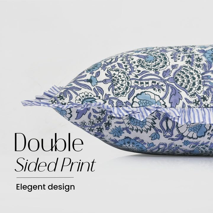 CPC Block Print Indigo Blue Ruffle Cotton Lumbar Pillow Cover 12x20 inch