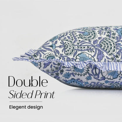 CPC Block Print Indigo Blue Ruffle Cotton Lumbar Pillow Cover 12x20 inch