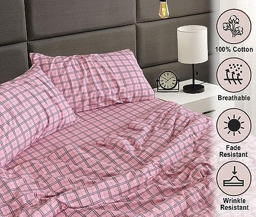 RUVANTI Flannel Sheets Set King Size, Check & Bolt Pink
