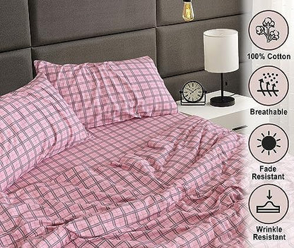 RUVANTI Flannel Sheets Set King Size, Check & Bolt Pink