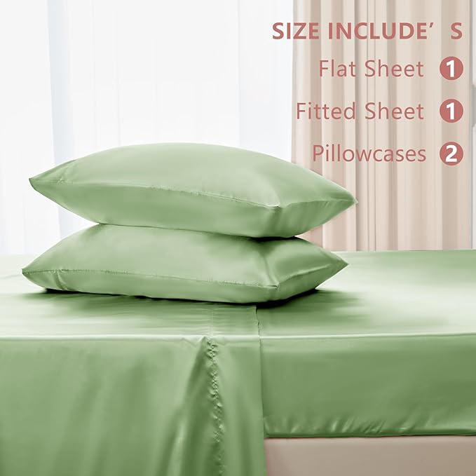 CozyLux Satin Sheets Queen Size Bed Set - 4 Piece Silky Queen Sheet Set, Luxury Sage Green Queen Sheets with Smooth and Soft Microfiber, Includes 1 Fitted Sheet, 1 Flat Sheet and 2 Pillowcases